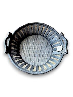 Vintage Pier One Round Dark Stain Basket with Tags and Handles 17in Excellent Co